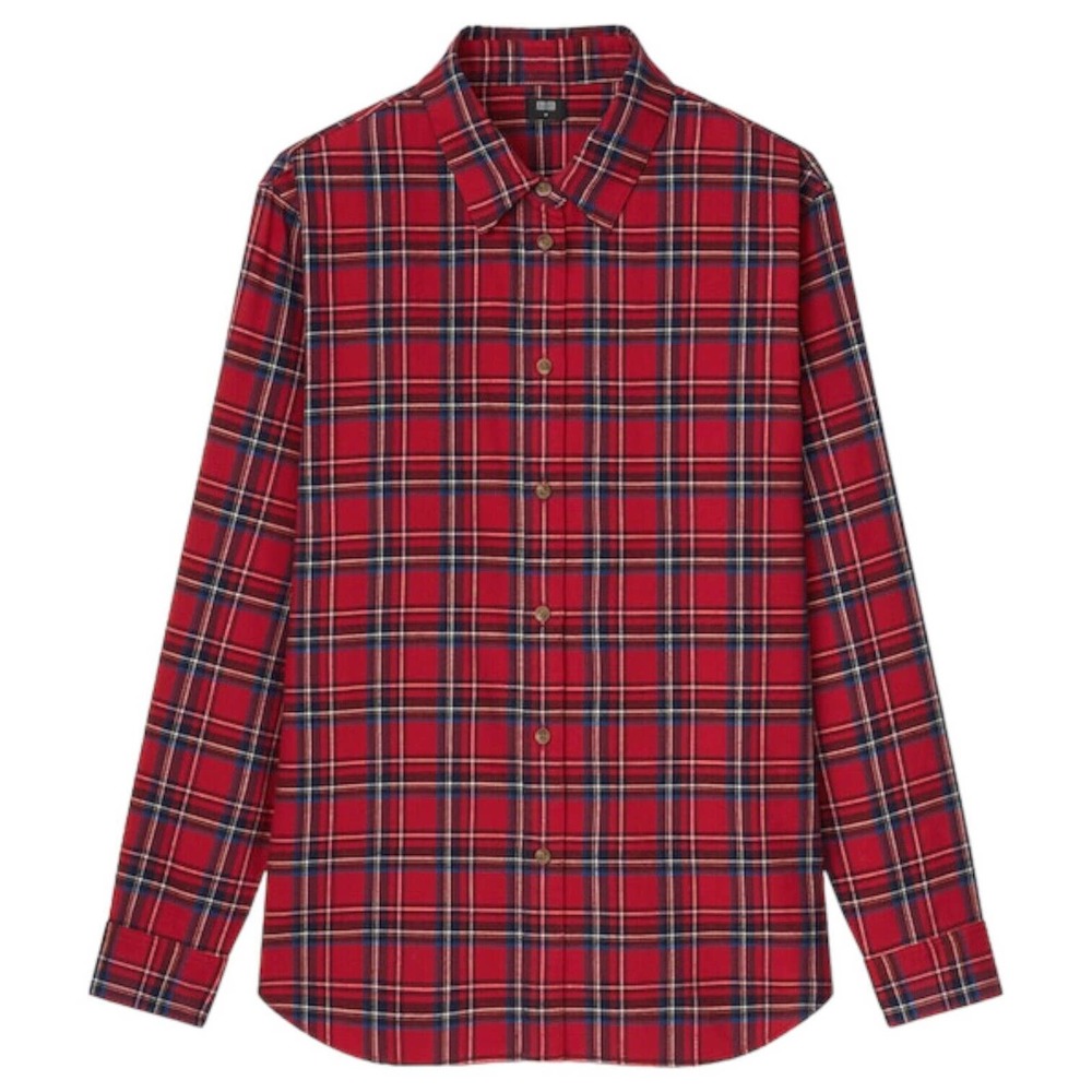 New Uniqlo Top Womens S Plaid Button Up Shirt Collar Long Sleeve Christmas Red